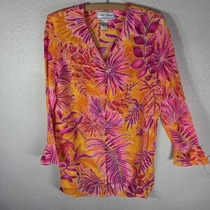 NEW Diane Gilman Pink Multicolor Small Beaded Artsy Long Sleeve Blouse Silk